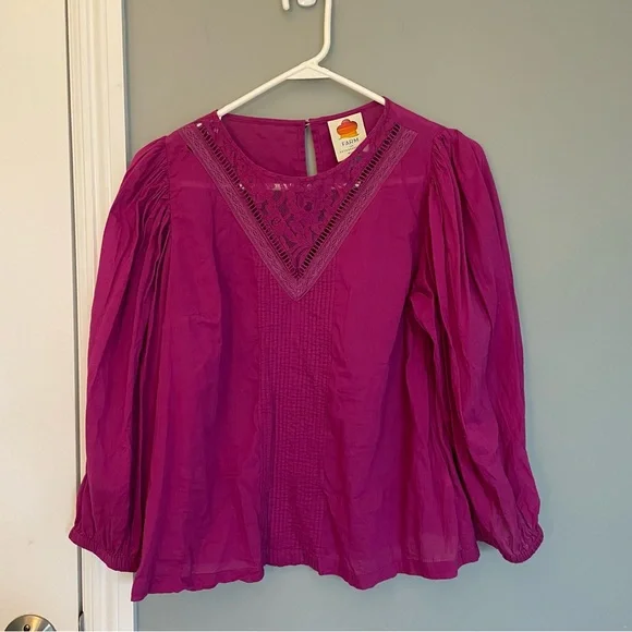 FARM Rio Anthropologie "Kelsie" Magenta V-Neck Boho Colorful Puff Sleeve Blouse - Picture 3 of 15